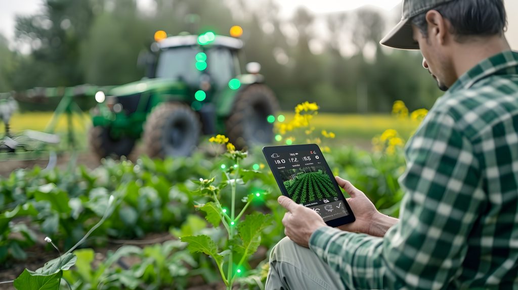 Homem no campo usando tablet para monitorar cultivo com tecnologia digital, enquanto trator agrícola opera ao fundo.