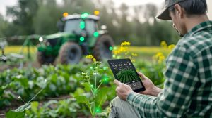 Homem no campo usando tablet para monitorar cultivo com tecnologia digital, enquanto trator agrícola opera ao fundo.