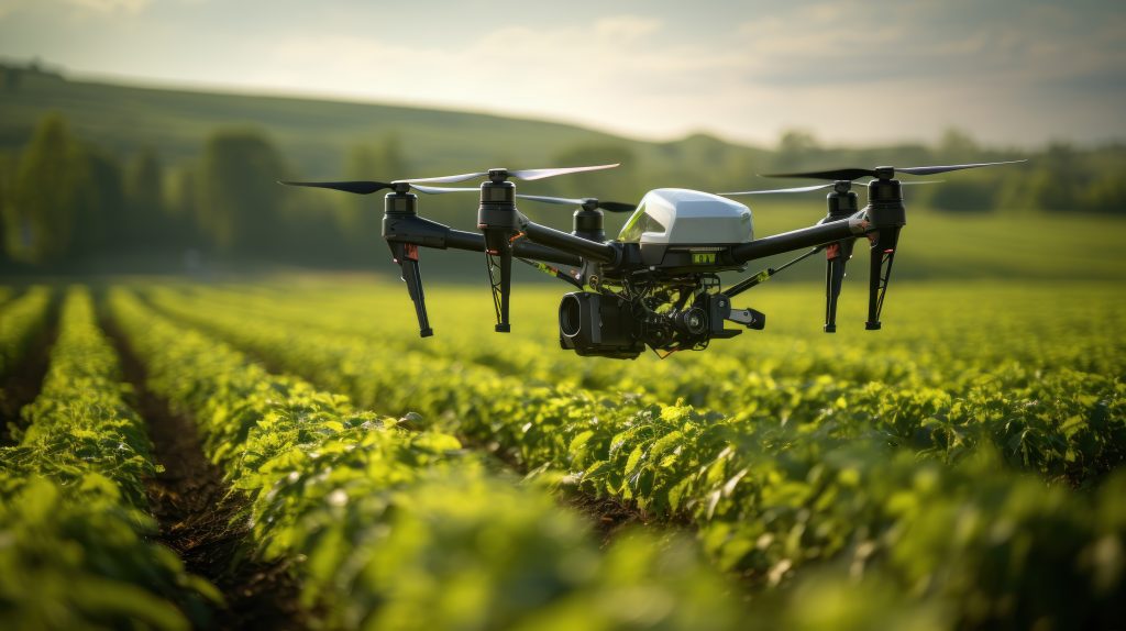 Drone sobrevoando lavoura verde em área rural, utilizado para monitoramento agrícola.