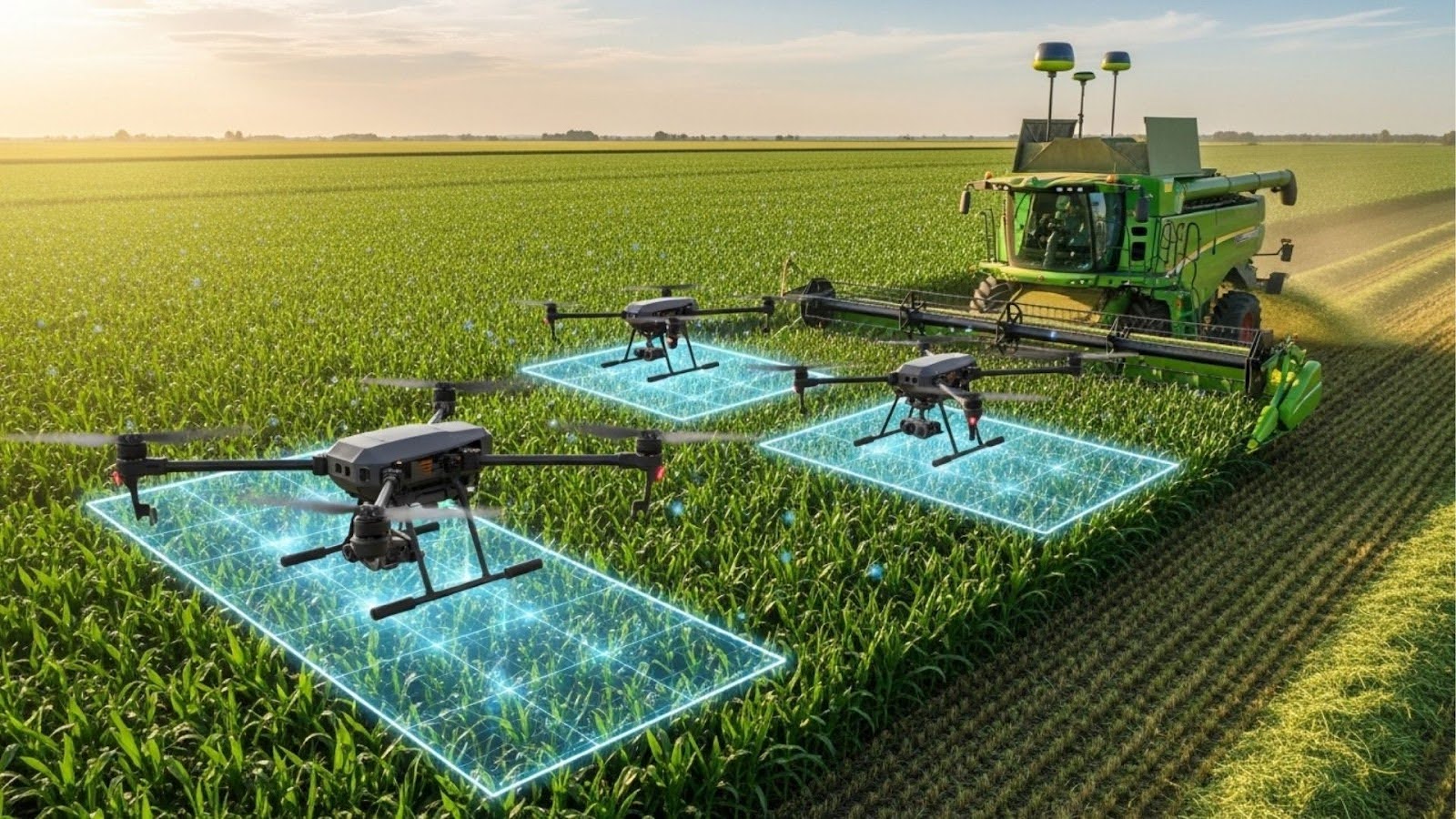 Drones sobrevoando plantação verde ao lado de colheitadeira, ilustrando agricultura de precisão com tecnologia digital.