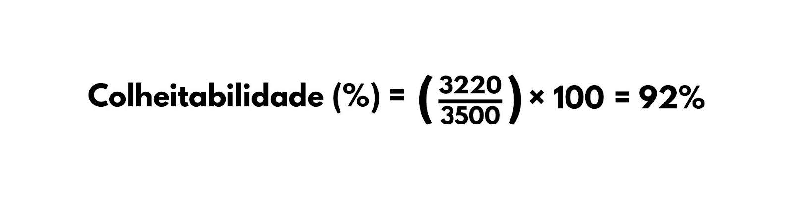Exemplo de cálculo de colheitabilidade mostrando “(3220 / 3500) × 100 = 92%”.