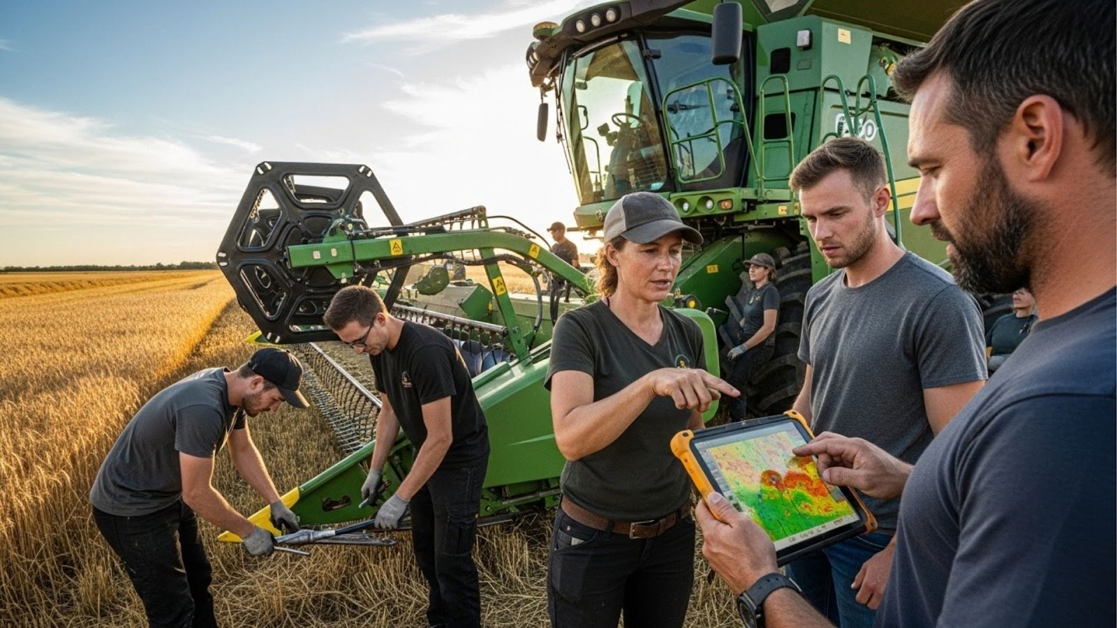 Equipe agrícola inspecionando colheitadeira com uso de tablet e ferramentas em campo de trigo.