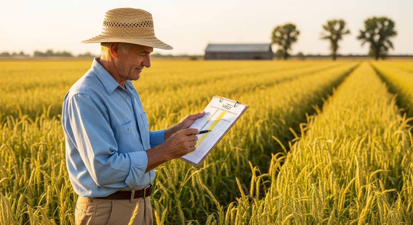 Agricultor com chapéu de palha analisando dados de produtividade em prancheta no meio de plantação dourada.