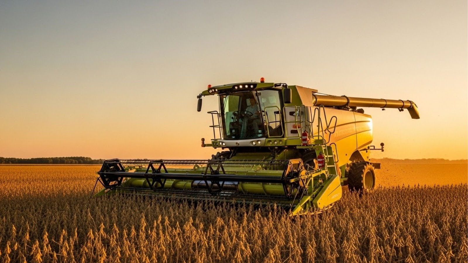 Colheitadeira verde operando em campo de grãos durante o pôr do sol.