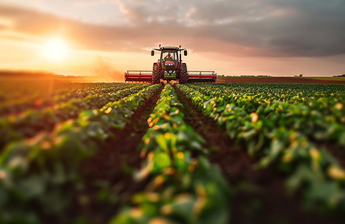 Trator agrícola trabalha em plantação verde durante o pôr do sol, com fileiras de cultivo alinhadas sob luz dourada.