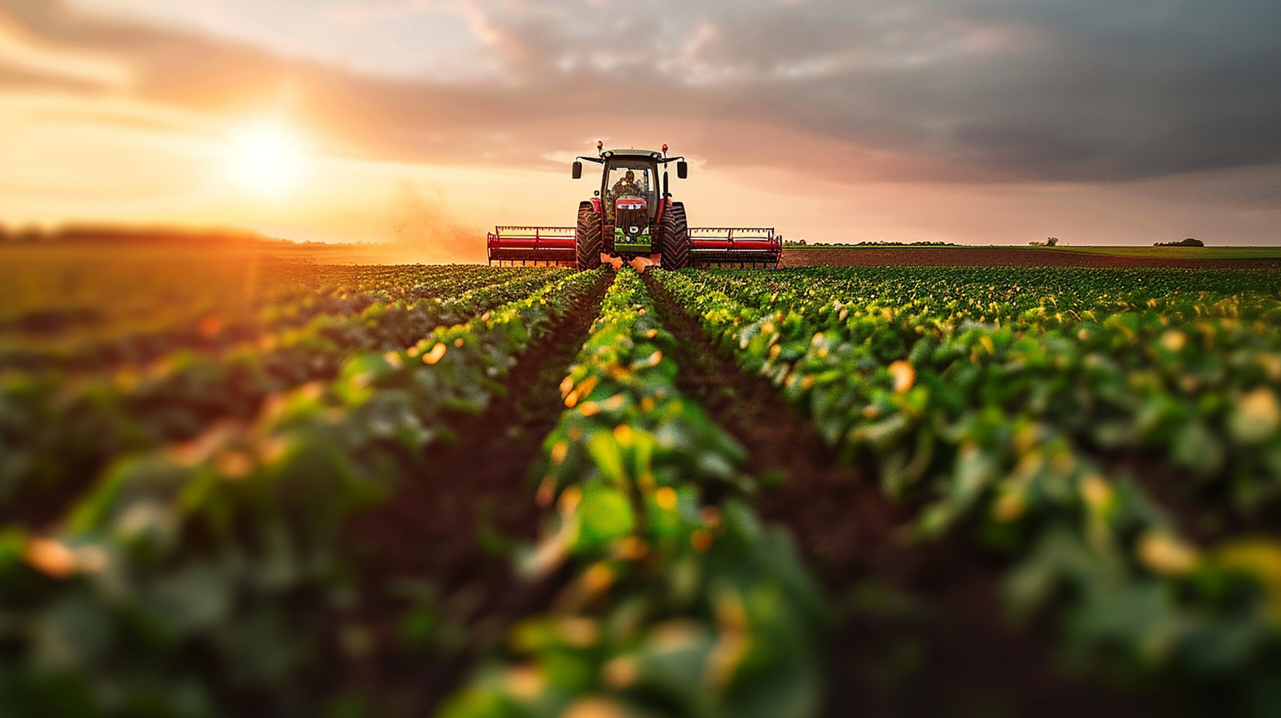 Trator agrícola trabalha em plantação verde durante o pôr do sol, com fileiras de cultivo alinhadas sob luz dourada.