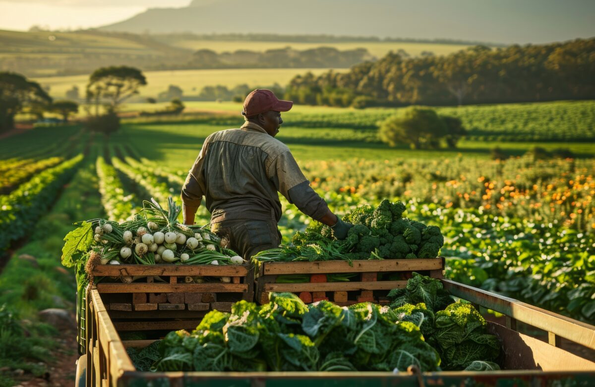 Trabalhador rural colhe hortaliças frescas em campo verde com caixas cheias de legumes sob luz do entardecer.