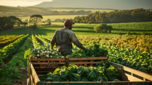 Trabalhador rural colhe hortaliças frescas em campo verde com caixas cheias de legumes sob luz do entardecer.