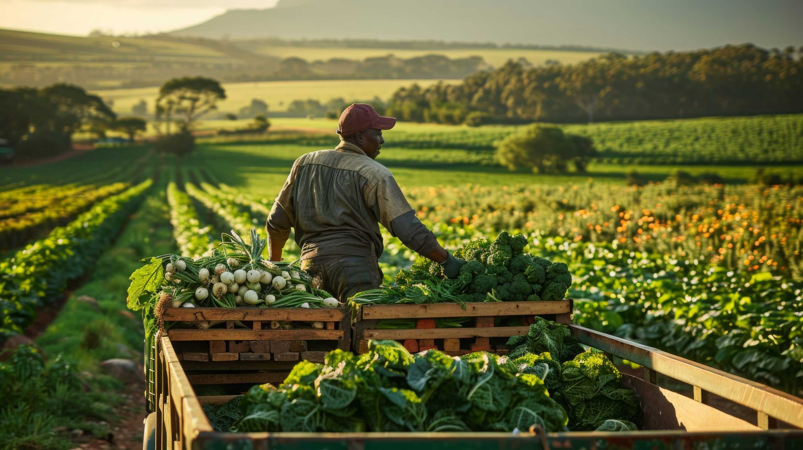 Trabalhador rural colhe hortaliças frescas em campo verde com caixas cheias de legumes sob luz do entardecer.