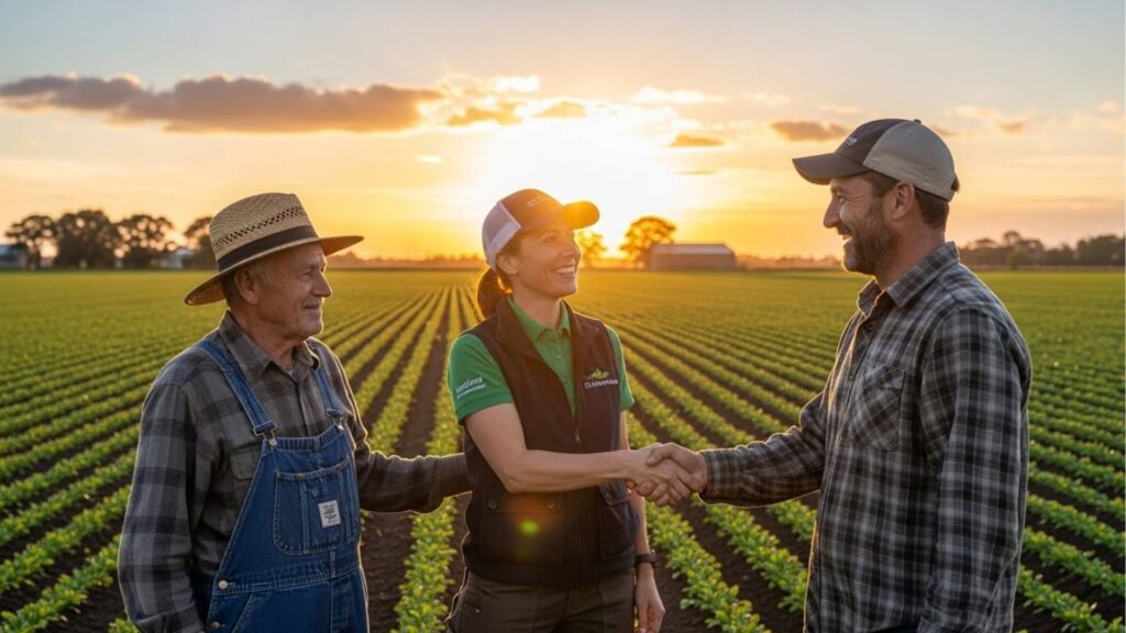 Três pessoas em campo agrícola ao pôr do sol: uma mulher aperta a mão de um homem sorridente, enquanto outro homem de chapéu observa.