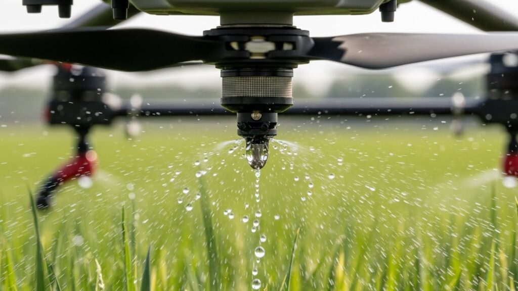 Detalhe de bico pulverizador de drone liberando gotas de água sobre plantação verde.