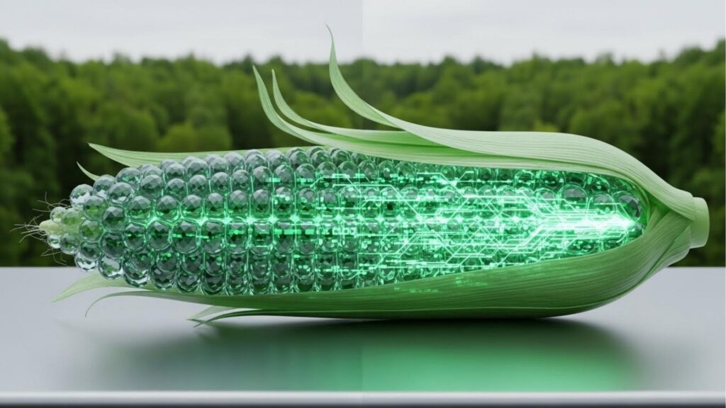 Espiga de milho estilizada com grãos transparentes verdes e circuitos eletrônicos brilhando em seu interior, representando tecnologia na agricultura.