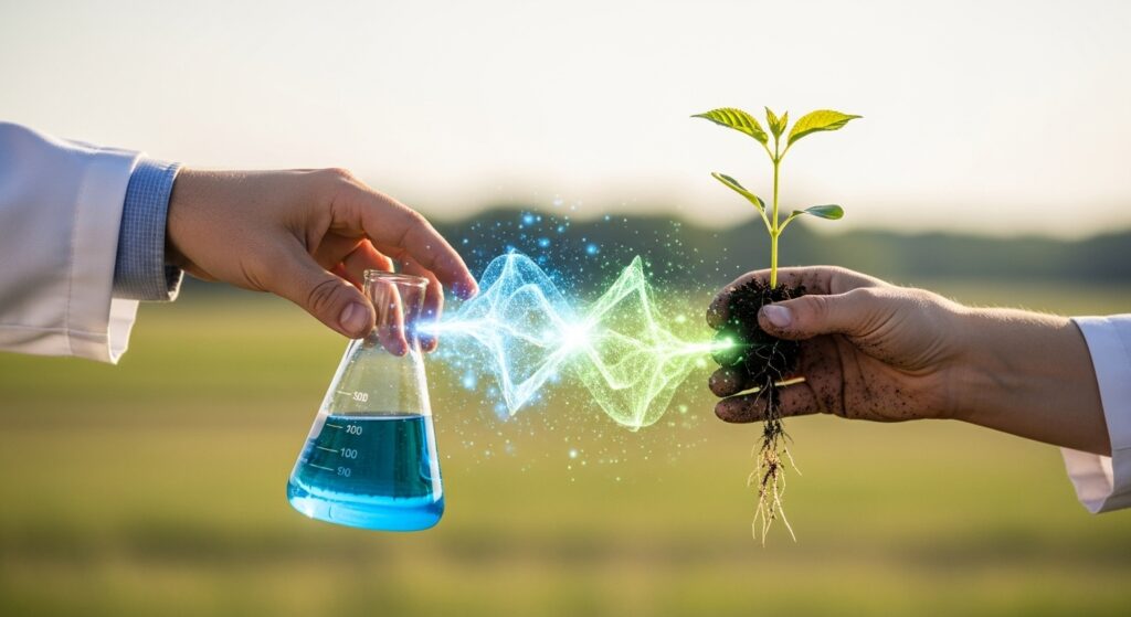 Arte conceitual mostrando a conexão entre a ciência e o campo: a mão de um pesquisador segurando um frasco químico azul conecta-se através de uma onda digital à mão de um agricultor segurando uma muda de planta.
