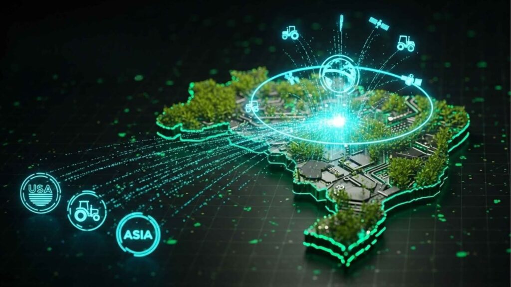 Tablet apoiado em uma cerca de madeira exibindo um holograma futurista com gráficos de 'AgTech Maturity in 2026', enquanto drones agrícolas sobrevoam a lavoura ao fundo.