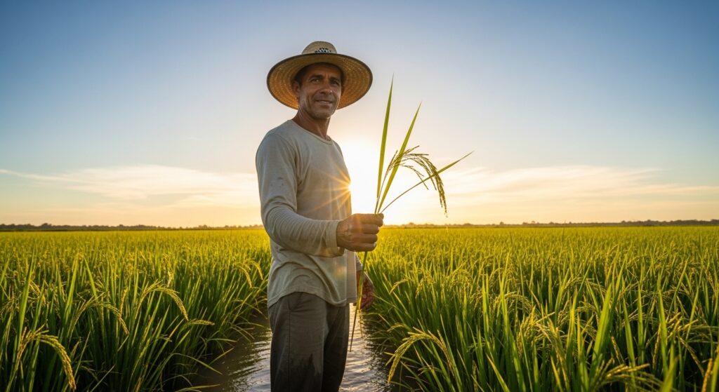 Orizicultor sorridente usando chapéu de palha, em pé dentro de uma lavoura de arroz irrigada, segurando e examinando uma panícula de arroz contra a luz do sol.