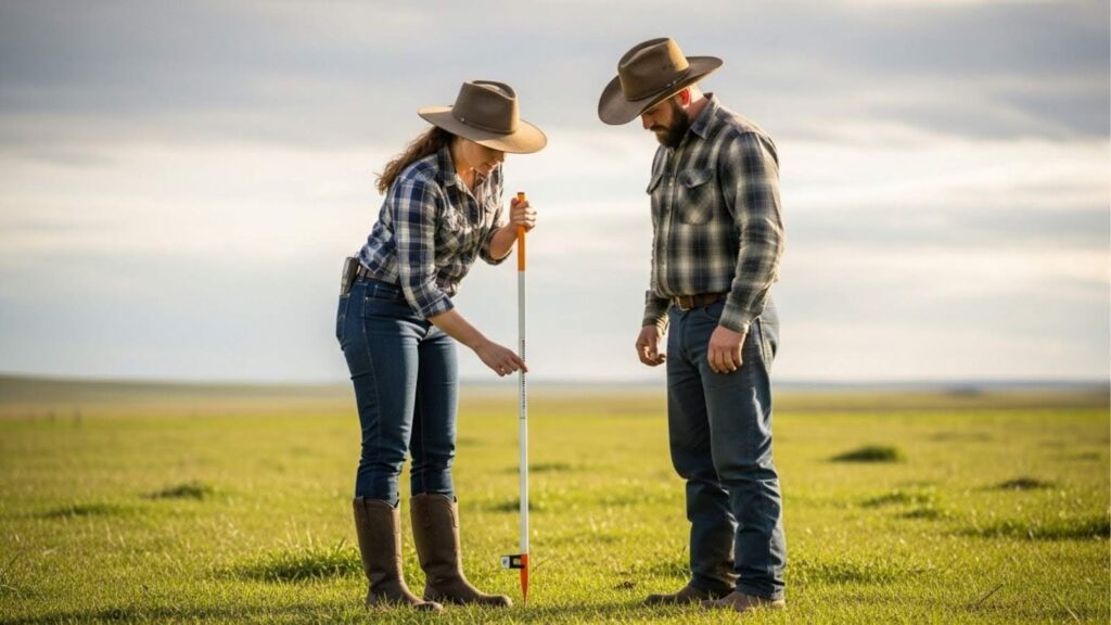 Casal de pecuaristas no campo, vestidos com chapéus e camisas xadrez, utilizando uma régua de manejo para medir a altura ideal do capim