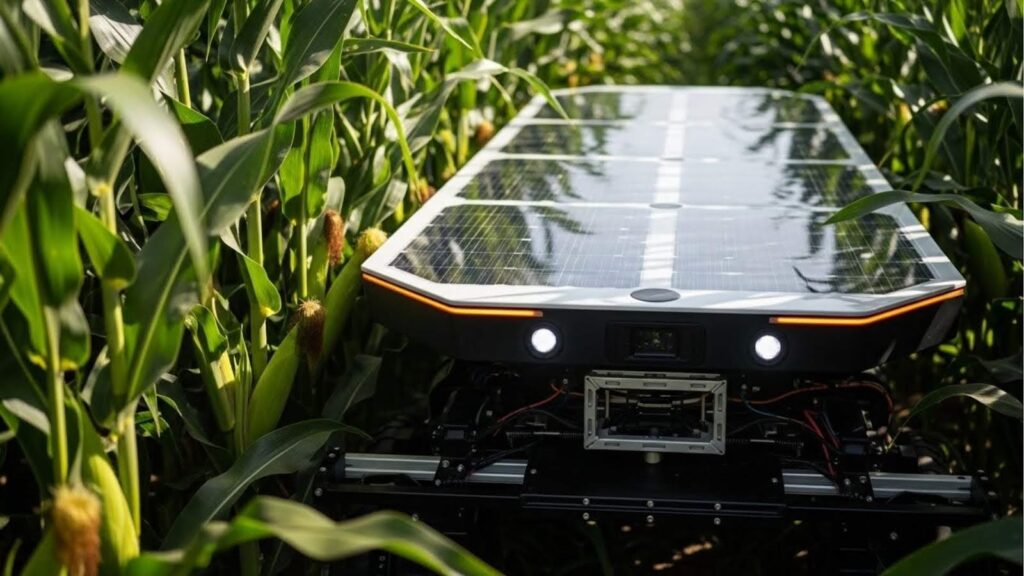 Robô agrícola movido a energia solar, com painéis fotovoltaicos no topo, movendo-se entre fileiras de uma plantação de milho para monitoramento.