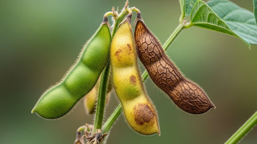 Três vagens de soja no mesmo ramo exibindo a evolução da maturação: uma verde, uma amarelada em transição e uma marrom seca pronta para colheita.