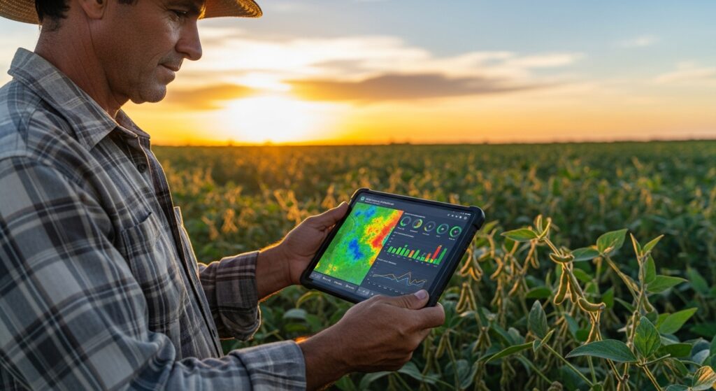 Agricultor usando chapéu e camisa xadrez em uma lavoura de soja, segurando um tablet que exibe mapas de calor e gráficos de agricultura de precisão, com o pôr do sol ao fundo.