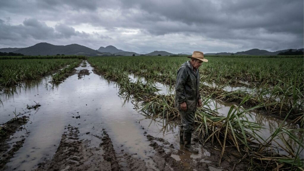 Agricultor caminha por plantação inundada e solo encharcado sob céu nublado, ilustrando os riscos climáticos e perdas na produção agrícola.
