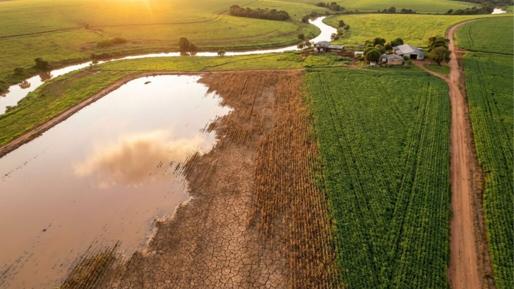 Vista aérea de propriedade rural mostrando contraste entre área verde preservada e solo rachado pela seca extrema próximo a um curso d'água.