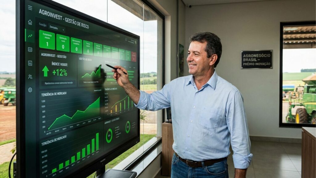 Especialista em agronegócio aponta para painel digital de "Agroinvest - Gestão de Risco" com gráficos de tendência de mercado e índice verde de produtividade.