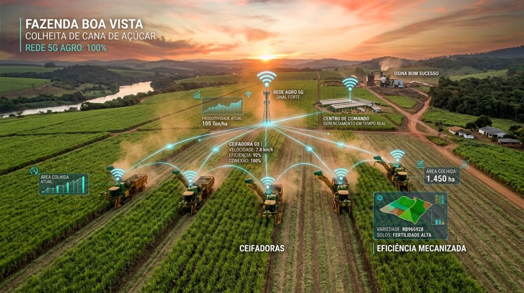 Colheita de cana-de-açúcar na Fazenda Boa Vista com ceifadoras conectadas via rede 5G Agro. A imagem mostra o monitoramento em tempo real da eficiência mecanizada e mapas de fertilidade do solo.