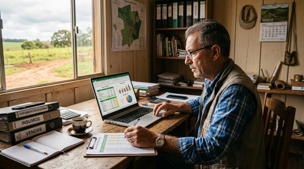 Produtor rural em escritório de fazenda analisando planilhas de gestão financeira, insumos e vendas no notebook, com pastas de documentos organizadas sobre a mesa de madeira.