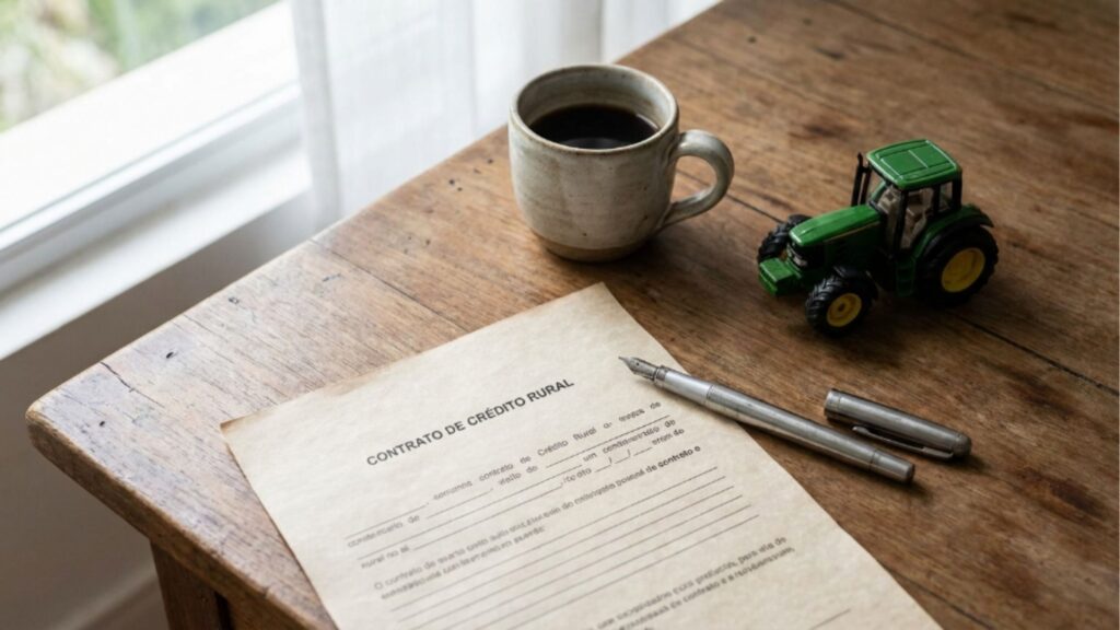 Close de um contrato de crédito rural sobre mesa de madeira com uma caneta-tinteiro, xícara de café e miniatura de trator verde, representando financiamento agrícola e planejamento de safra.