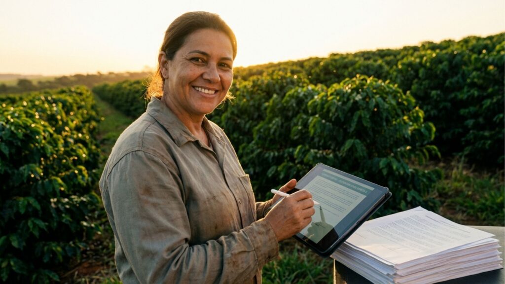 Produtora rural sorridente utilizando tablet e caneta digital para gestão agrícola em uma plantação de café ao pôr do sol, simbolizando a digitalização e o protagonismo feminino no campo.