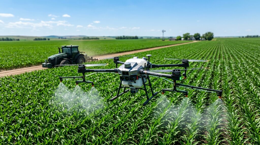 Drone agrícola de alta tecnologia pulverizando plantação de milho com precisão, com trator operando ao fundo sob céu azul. Representação de agricultura de precisão e sustentabilidade no campo.