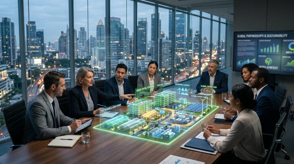 Grupo de executivos em sala de reunião moderna discutindo projeto de parque agroindustrial sustentável através de uma maquete holográfica 3D com energia solar e reciclagem de água.