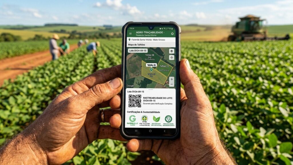 Mãos de produtor rural segurando smartphone com aplicativo de agro-rastreabilidade aberto, exibindo mapa de talhões e selos de certificação sustentável em uma plantação de soja.