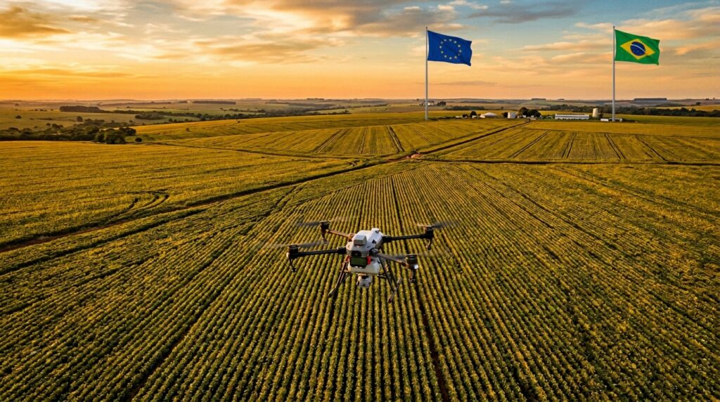 Drone agrícola sobrevoa vasta plantação de soja ao pôr do sol com as bandeiras da União Europeia e do Brasil hasteadas lado a lado, simbolizando a parceria comercial entre os blocos.
