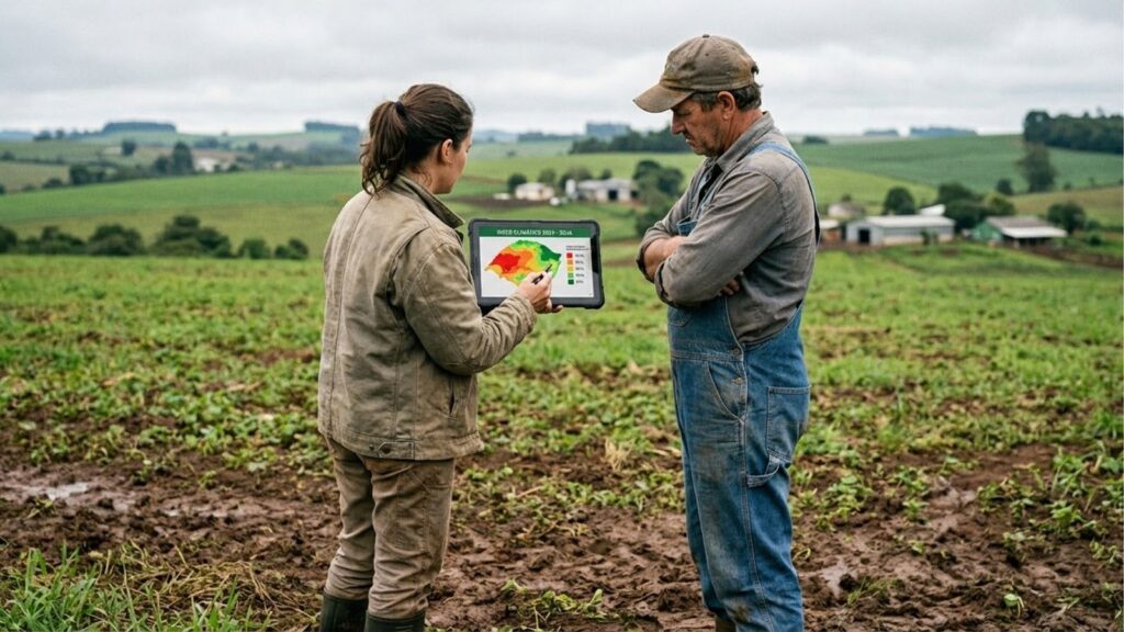 Dois agricultores, um homem e uma mulher, estão em pé em um campo cultivado sob um céu nublado. A mulher está de costas, segurando um tablet que exibe um mapa de risco climático colorido (em tons de verde, amarelo e vermelho) da região do Rio Grande do Sul. Ela aponta para o dispositivo enquanto o homem, vestido com um macacão jeans e boné, observa atentamente com os braços cruzados. O solo ao redor deles está úmido e com vestígios de lama.