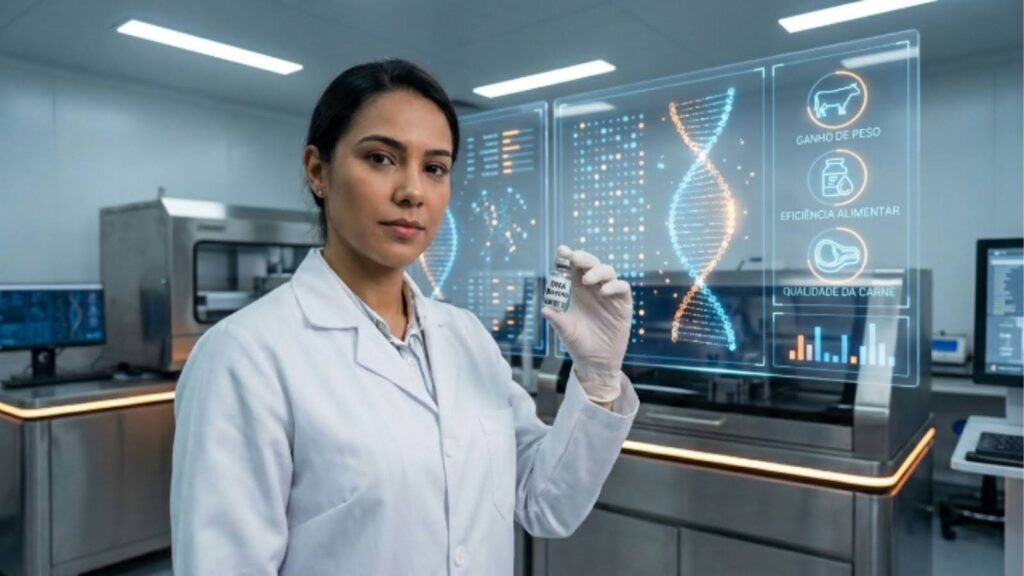 Uma cientista com um jaleco branco e luvas descartáveis em um laboratório de biotecnologia moderno. Ela segura um pequeno frasco de vidro transparente rotulado "DNA Bovino" e olha para a câmera. Ao fundo, telas transparentes futuristas exibem gráficos flutuantes de dupla hélice de DNA e ícones relacionados à pecuária, incluindo "Ganho de peso", "Eficiência Alimentar" e "Qualidade da Carne", sugerindo pesquisa e melhoramento genético.