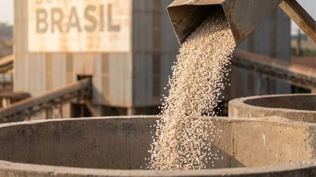 Uma fotografia em close-up de uma instalação de processamento industrial. Uma bica de metal despeja um fluxo constante de grânulos ou sementes de cor creme claro em um grande silo de concreto cilíndrico aberto. A substância forma um monte cônico no fundo do silo. Ao fundo, fora de foco, vê-se a estrutura da fábrica com um grande sinal na parede que diz "BRASIL" em letras maiúsculas. A luz suave e quente sugere o final da tarde.